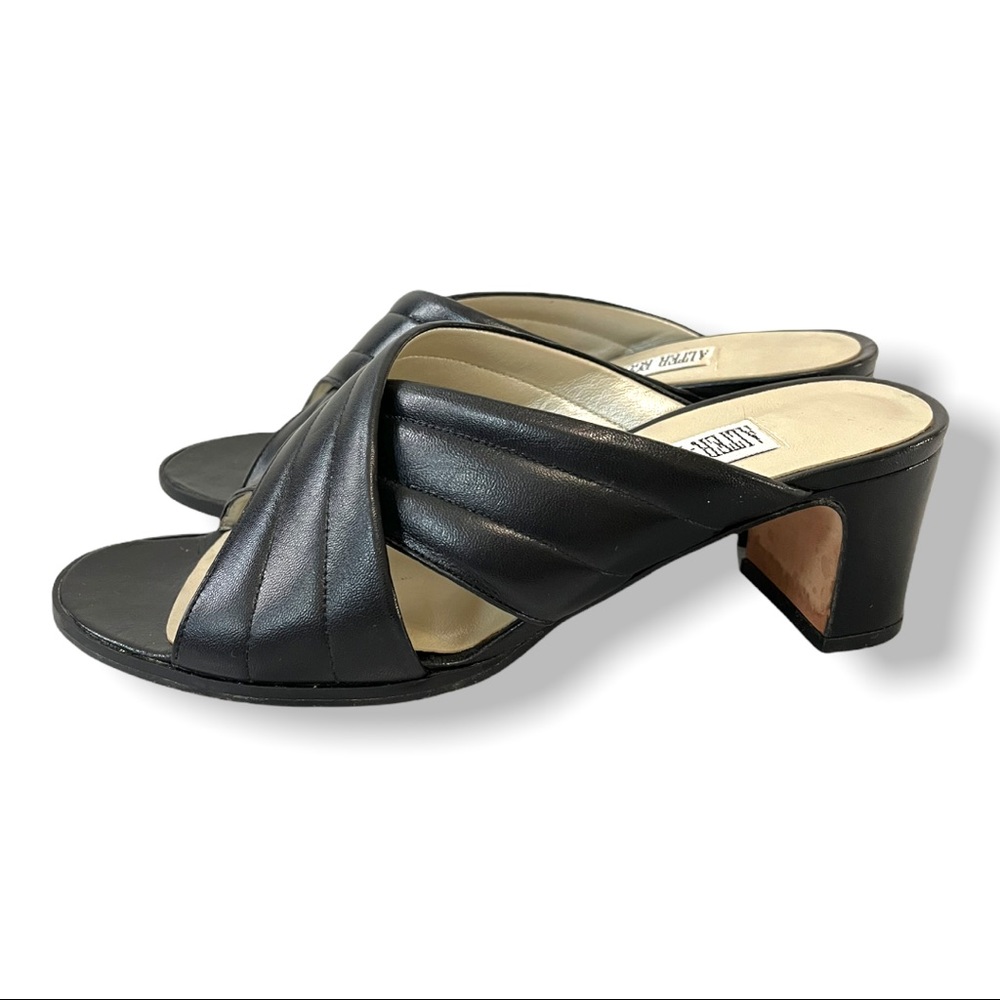 Vintage Alter Ego Black Leather Chunky Heel Open Toe Y2K Slip On Sandal Heels